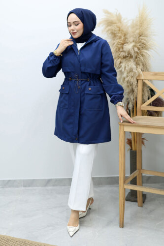 Kapüşonlu Beli Büzgülü Trençkot TSD260148 Lacivert 