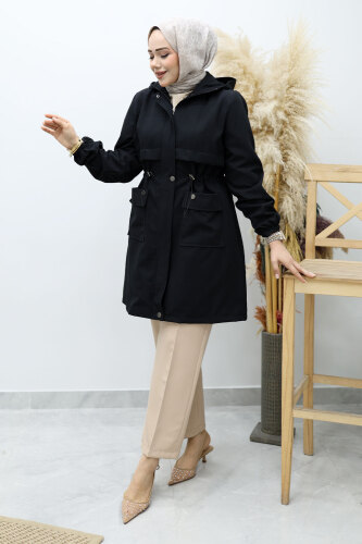 Kapüşonlu Beli Büzgülü Trençkot TSD260148 Siyah 