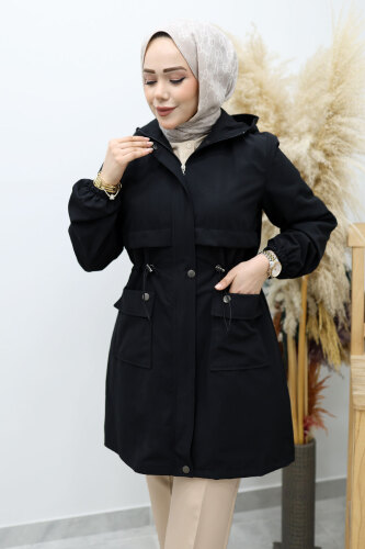 Kapüşonlu Beli Büzgülü Trençkot TSD260148 Siyah - 2