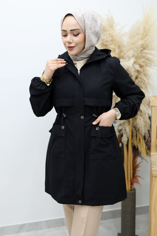 Kapüşonlu Beli Büzgülü Trençkot TSD260148 Siyah - Tesettür Dünyası (1)