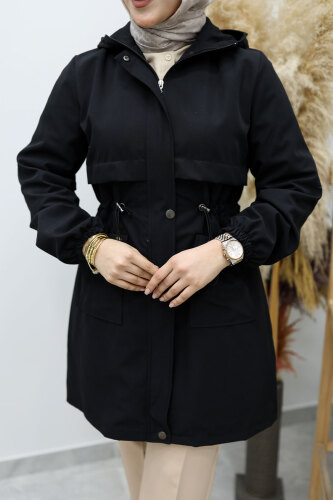 Kapüşonlu Beli Büzgülü Trençkot TSD260148 Siyah - 4