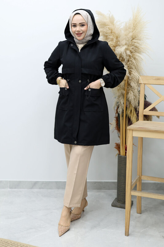 Kapüşonlu Beli Büzgülü Trençkot TSD260148 Siyah - 5