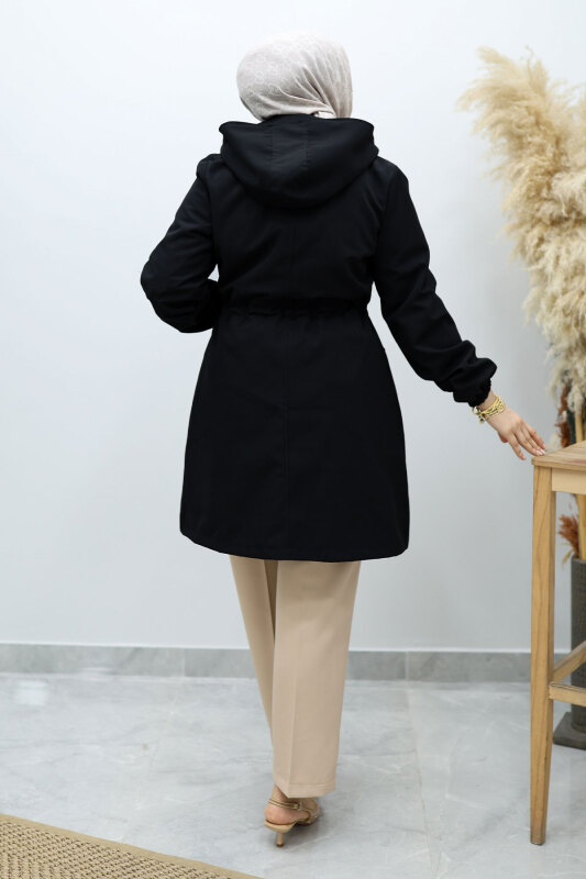 Kapüşonlu Beli Büzgülü Trençkot TSD260148 Siyah - 6