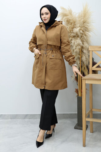 Kapüşonlu Beli Büzgülü Trençkot TSD260148 Taba 