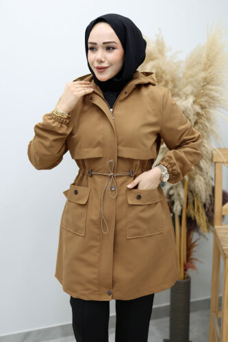 Kapüşonlu Beli Büzgülü Trençkot TSD260148 Taba - 2