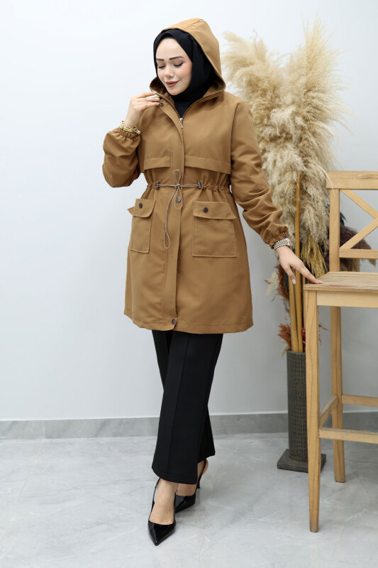 Kapüşonlu Beli Büzgülü Trençkot TSD260148 Taba - 3