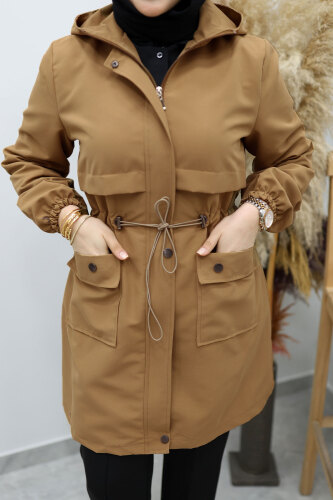 Kapüşonlu Beli Büzgülü Trençkot TSD260148 Taba - 4