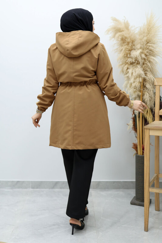 Kapüşonlu Beli Büzgülü Trençkot TSD260148 Taba - 6