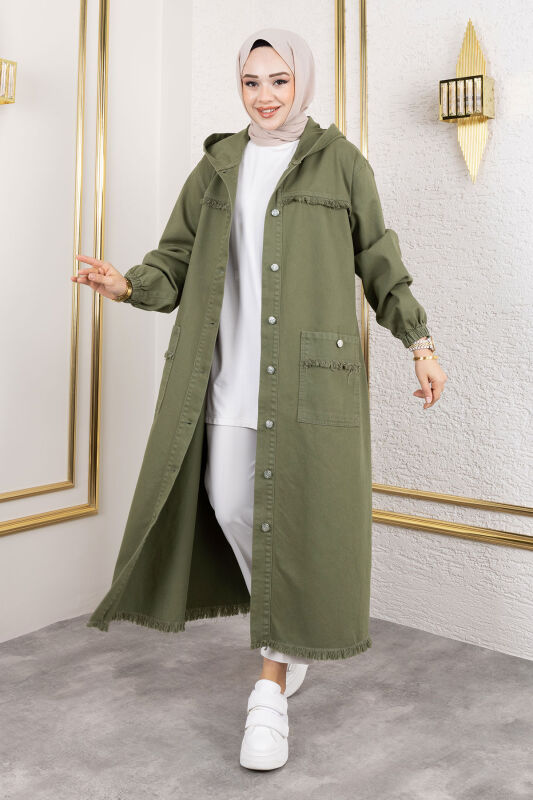 Kapüşonlu Düğmeli Kot Kap TSD250108 Haki - Tesettür Dünyası