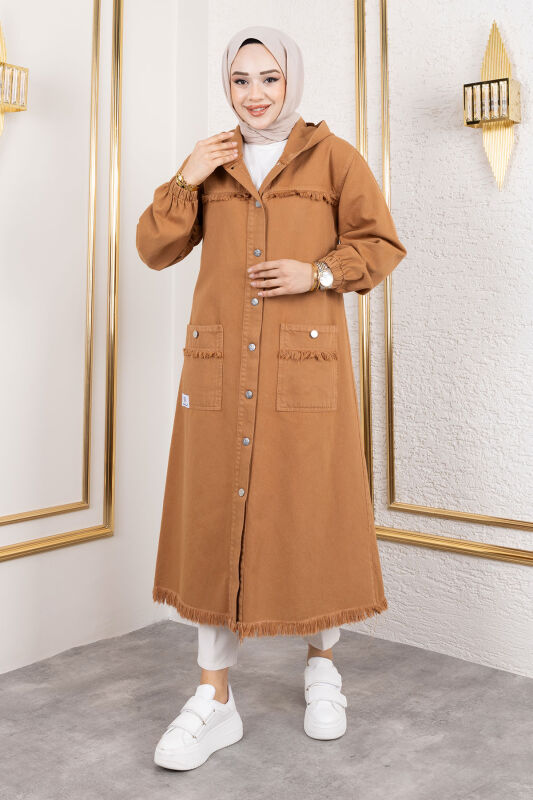 Kapüşonlu Düğmeli Kot Kap TSD250108 Taba - Tesettür Dünyası