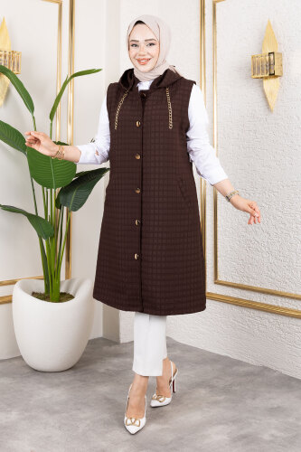 Kapüşonlu Kapitone Yelek TSD250209 Acı Kahve - TESETTÜR DÜNYASI