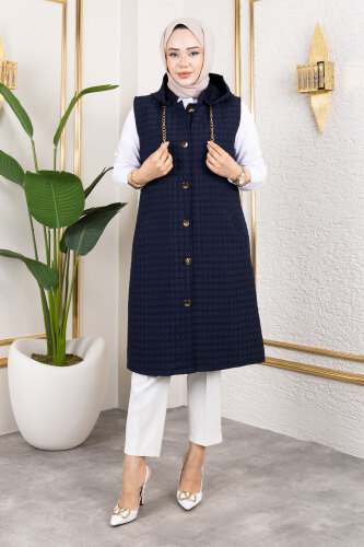 Kapüşonlu Kapitone Yelek TSD250209 Lacivert - TESETTÜR DÜNYASI