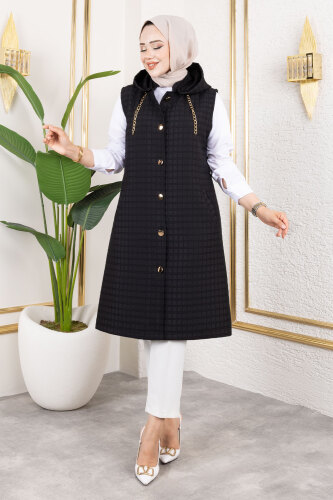 Kapüşonlu Kapitone Yelek TSD250209 Siyah - TESETTÜR DÜNYASI