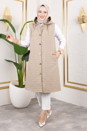 Kapüşonlu Kapitone Yelek TSD250209 Vizon - TESETTÜR DÜNYASI