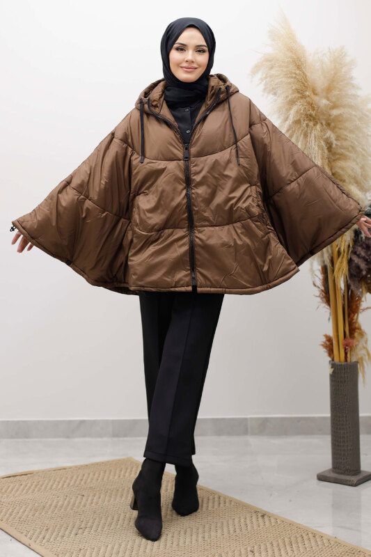 Kapüşonlu Şişme Panço TSD260126 Kahverengi - Tesettür Dünyası (1)