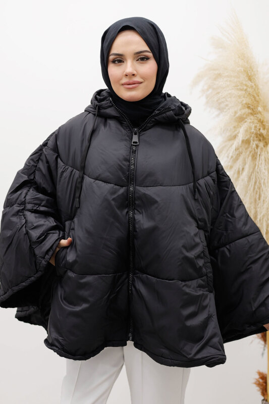 Kapüşonlu Şişme Panço TSD260126 Siyah - Tesettür Dünyası