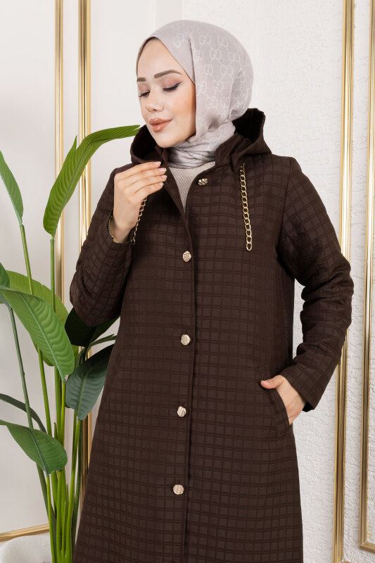 Kapüşonlu Zincir Detaylı Kapitone Kap TSD250162 Acı Kahve - TESETTÜR DÜNYASI (1)