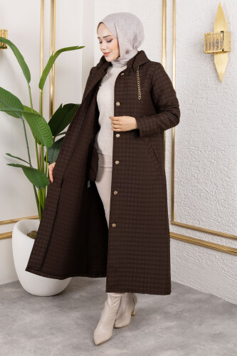 Kapüşonlu Zincir Detaylı Kapitone Kap TSD250162 Acı Kahve - 4