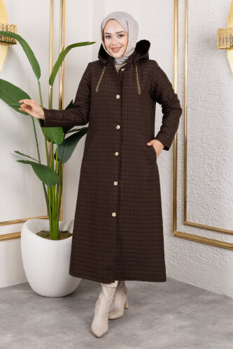 Kapüşonlu Zincir Detaylı Kapitone Kap TSD250162 Acı Kahve - 5