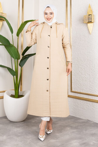 Kapüşonlu Zincir Detaylı Kapitone Kap TSD250162 Bej 