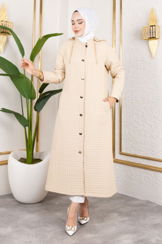 Kapüşonlu Zincir Detaylı Kapitone Kap TSD250162 Bej - 4