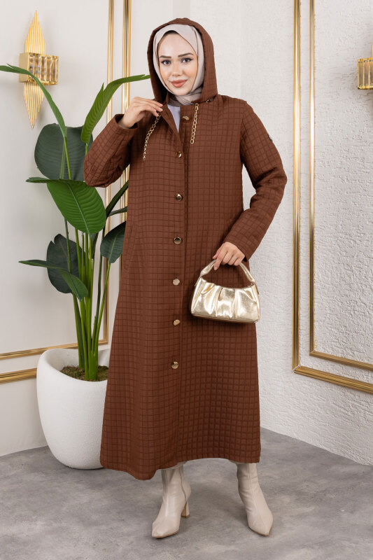 Kapüşonlu Zincir Detaylı Kapitone Kap TSD250162 Kahverengi - 3