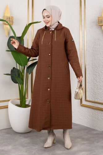 Kapüşonlu Zincir Detaylı Kapitone Kap TSD250162 Kahverengi 