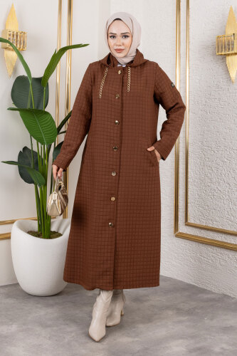 Kapüşonlu Zincir Detaylı Kapitone Kap TSD250162 Kahverengi - 4