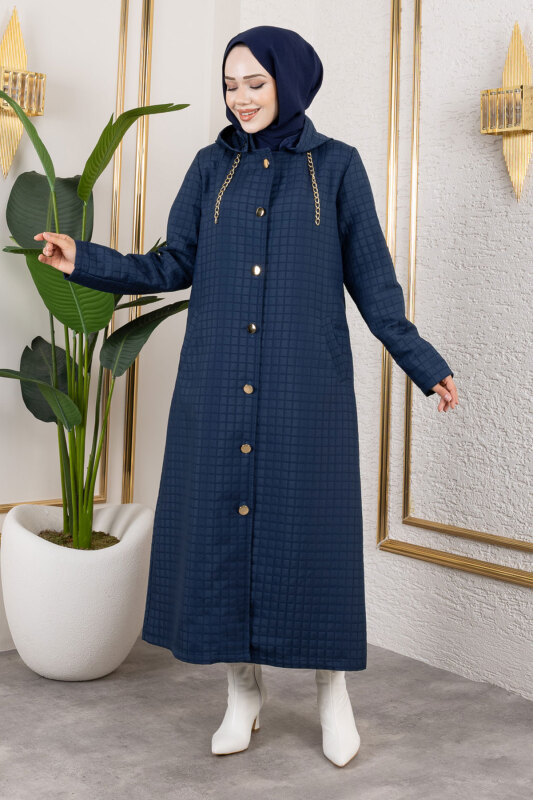 Kapüşonlu Zincir Detaylı Kapitone Kap TSD250162 Lacivert - TESETTÜR DÜNYASI