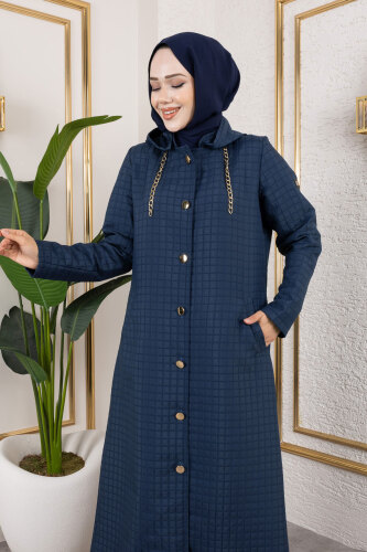 Kapüşonlu Zincir Detaylı Kapitone Kap TSD250162 Lacivert - 2