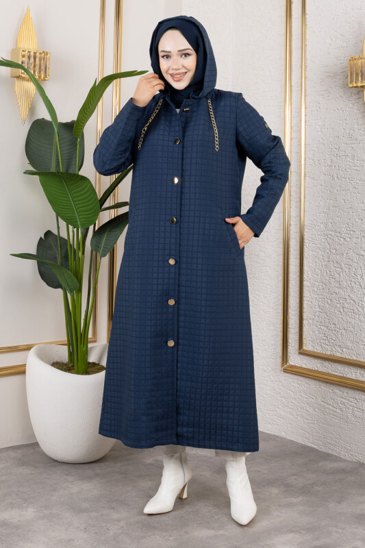 Kapüşonlu Zincir Detaylı Kapitone Kap TSD250162 Lacivert - 3