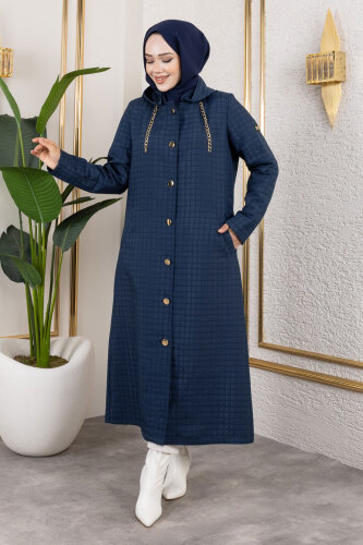 Kapüşonlu Zincir Detaylı Kapitone Kap TSD250162 Lacivert - 4