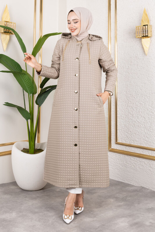 Kapüşonlu Zincir Detaylı Kapitone Kap TSD250162 Vizon - 1