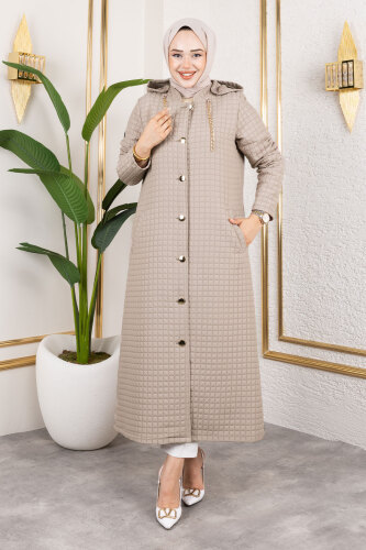 Kapüşonlu Zincir Detaylı Kapitone Kap TSD250162 Vizon - 3