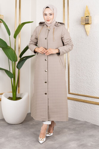 Kapüşonlu Zincir Detaylı Kapitone Kap TSD250162 Vizon - 4