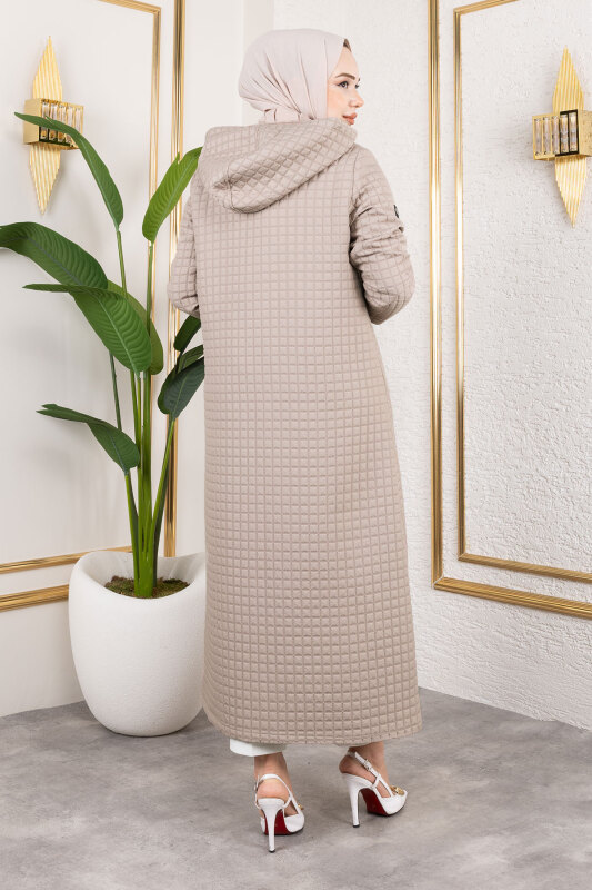 Kapüşonlu Zincir Detaylı Kapitone Kap TSD250162 Vizon - 5