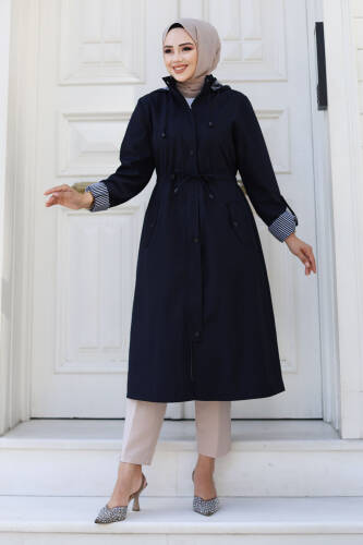 Önden Çıtçıtlı Astarı Çizgili Trençkot TSD240926 Lacivert - Tesettür Dünyası