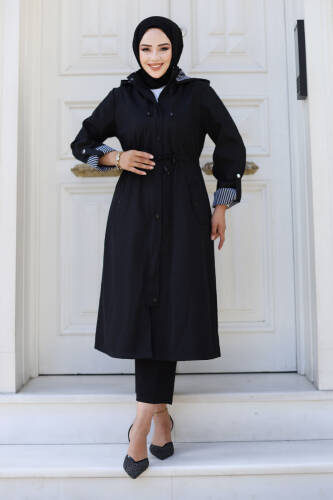 Önden Çıtçıtlı Astarı Çizgili Trençkot TSD240926 Siyah - Tesettür Dünyası