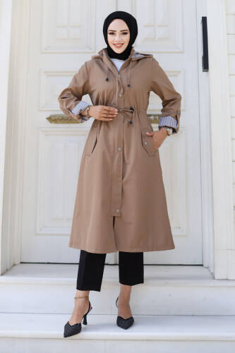 Önden Çıtçıtlı Astarı Çizgili Trençkot TSD240926 Vizon - Tesettür Dünyası