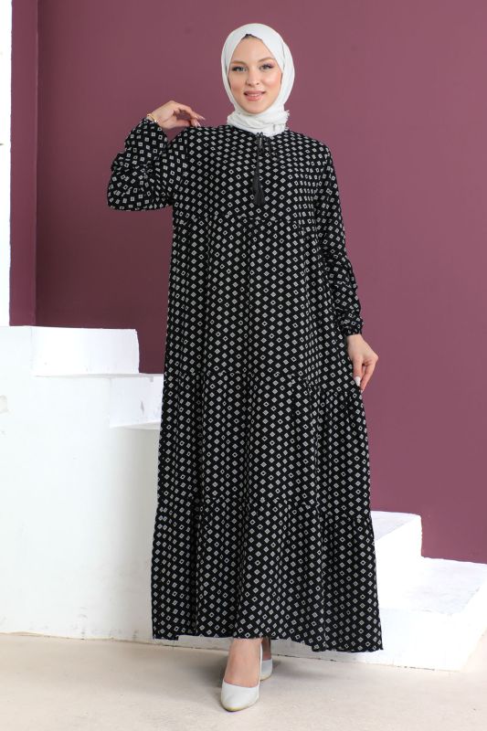 Kare Desenli Elbise TSD230507 Siyah - 1