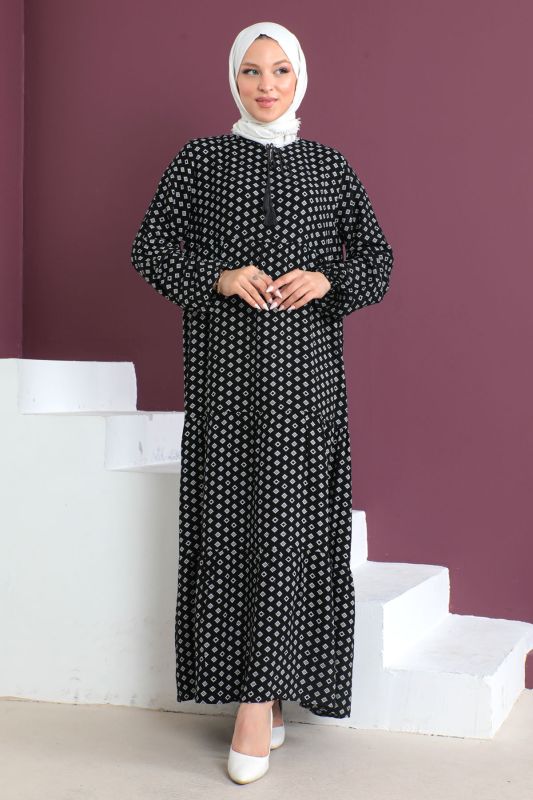 Kare Desenli Elbise TSD230507 Siyah - 3