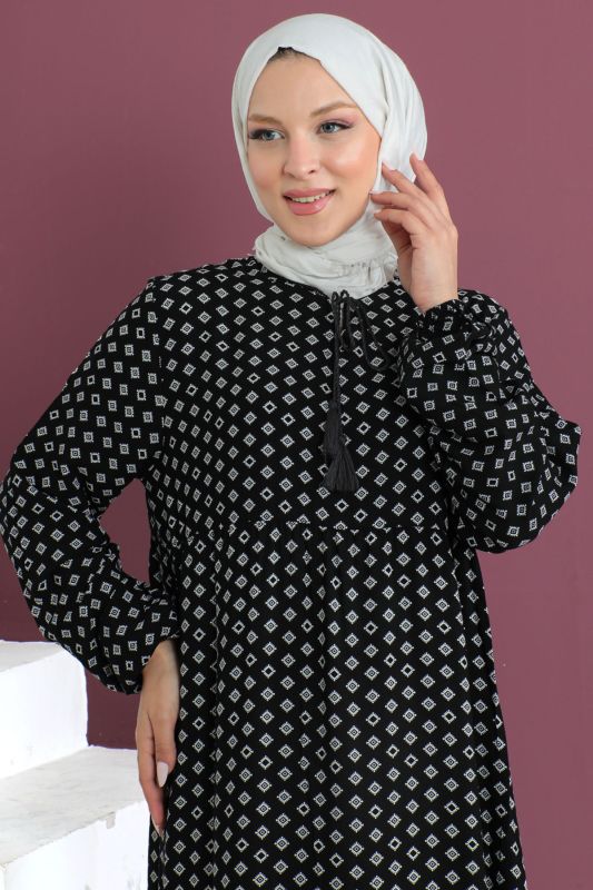 Kare Desenli Elbise TSD230507 Siyah - 2