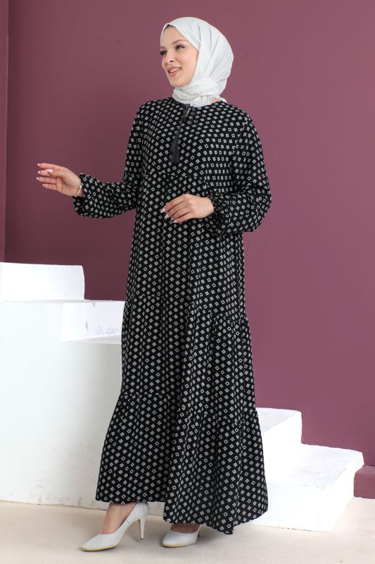 Kare Desenli Elbise TSD230507 Siyah - 4