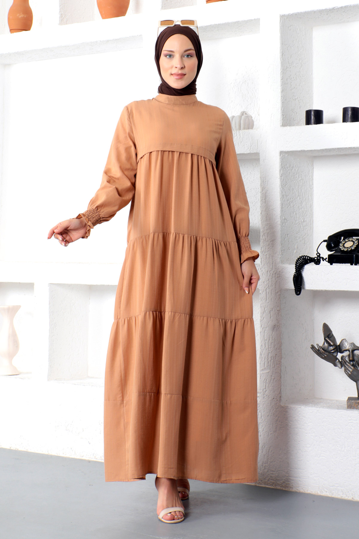 Tesettür Dünyası - Kat Kat Tesettür Elbise TSD221208 Taba