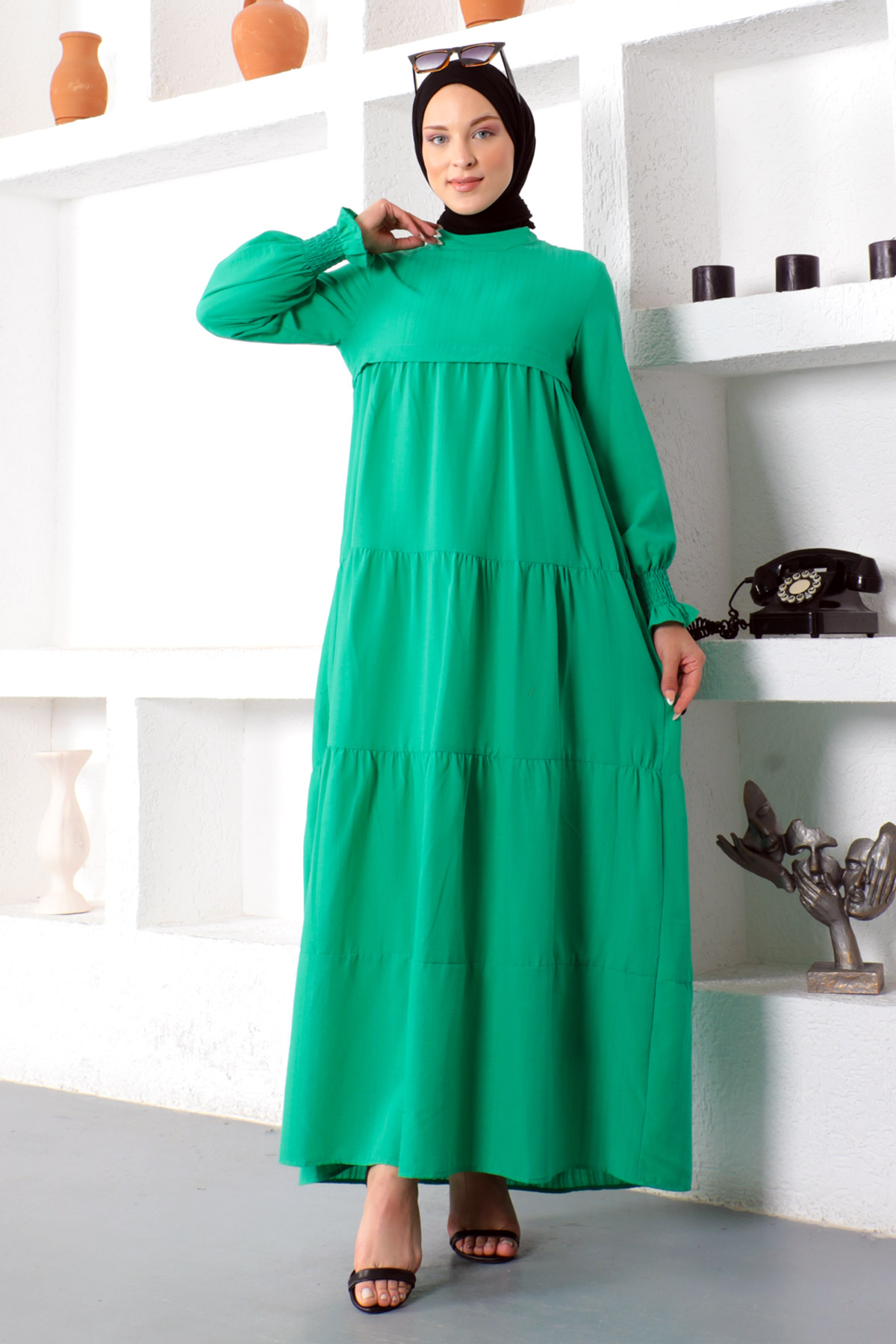 Tesettür Dünyası - Kat Kat Tesettür Elbise TSD221208 Yeşil