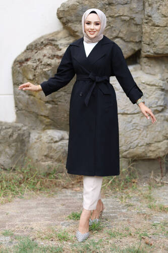 Katlama Kol Detaylı Trençkot TSD240921 Siyah - Tesettür Dünyası