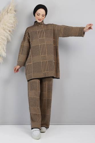 Kazayağı Desenli Triko Takım TSD220720 Camel 