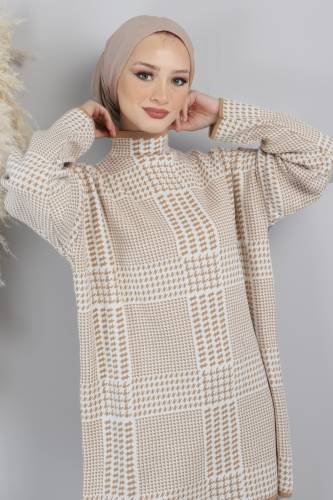 Kazayağı Desenli Triko Takım TSD220720 Vizon - 2
