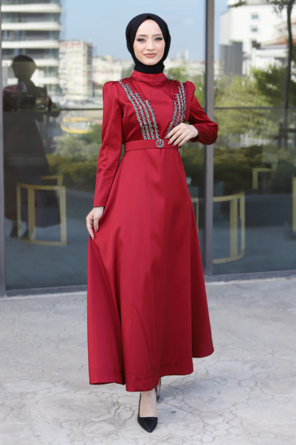 Tesettür Dünyası - Kemer Detaylı Abiye TSD220543 Bordo