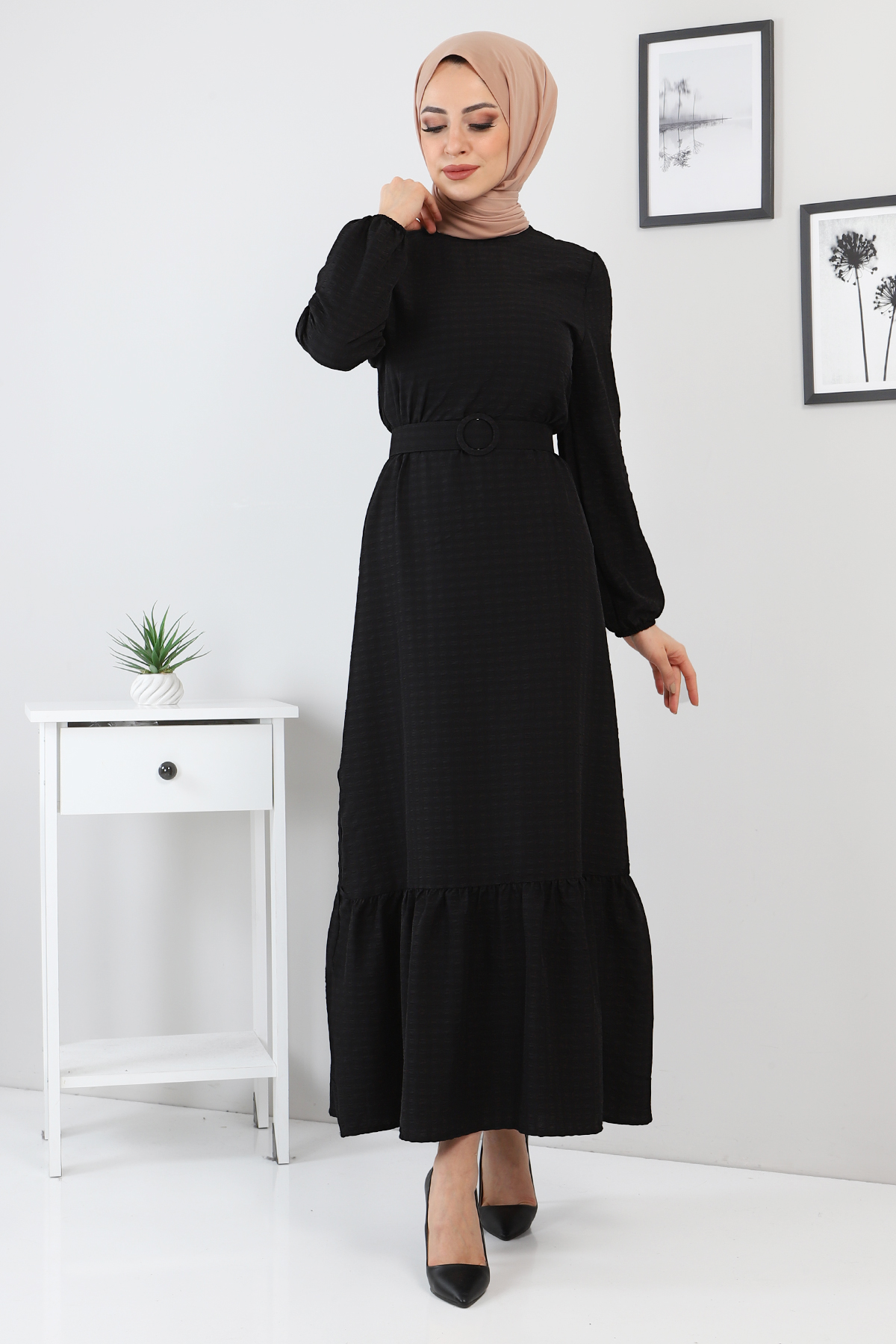 Tesettür Dünyası - Kemer Detaylı Kareli Elbise TSD220133 Siyah